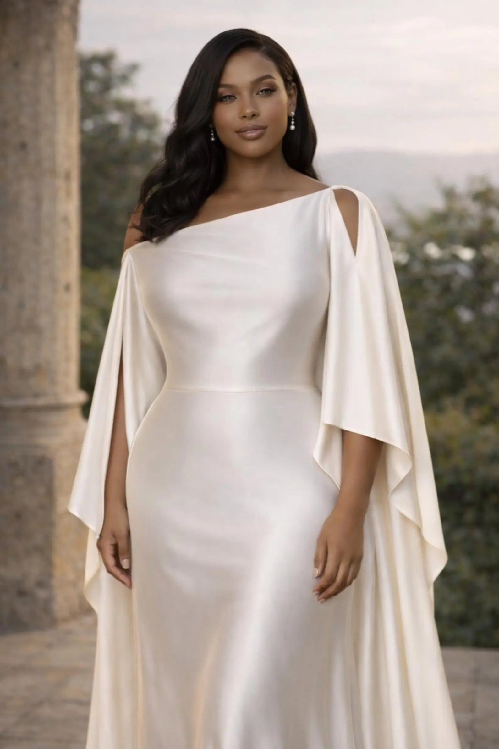 Asymmetrical Satin Wedding Dress with Draped Cape Sleeves Payton Bridal