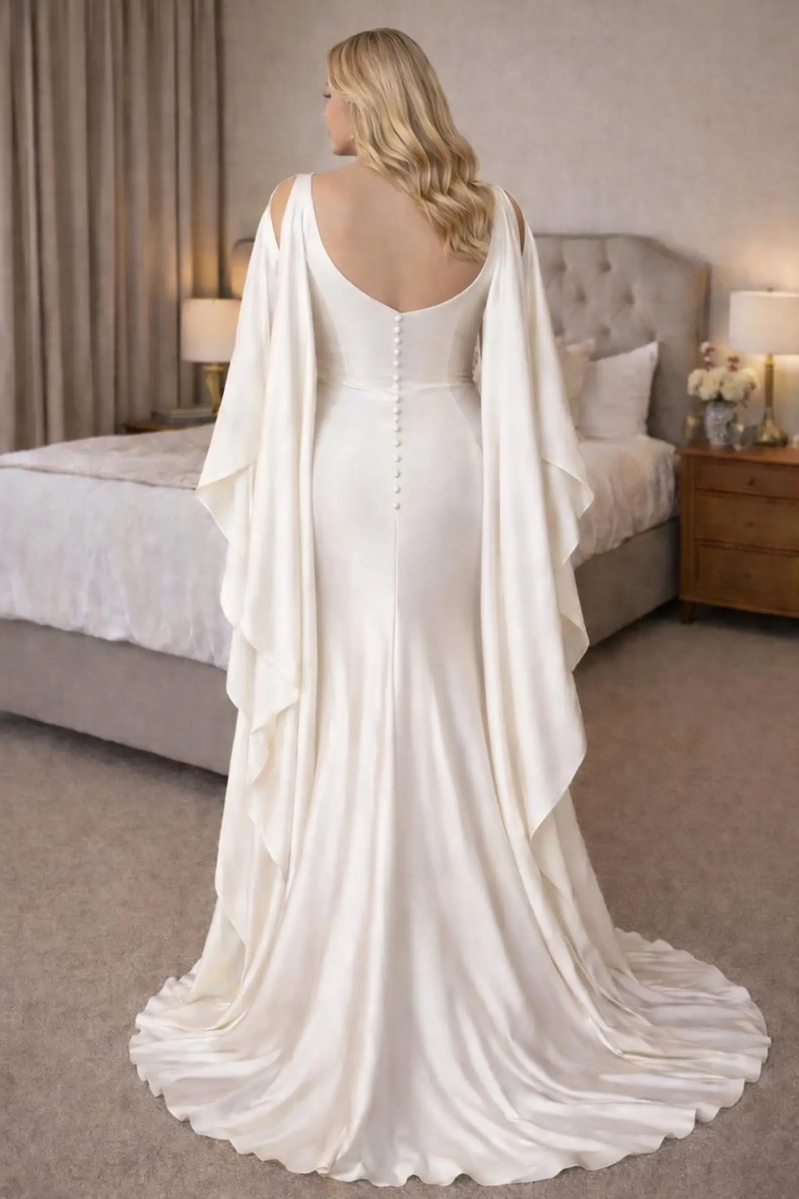 Asymmetrical Satin Wedding Dress with Draped Cape Sleeves Payton Bridal