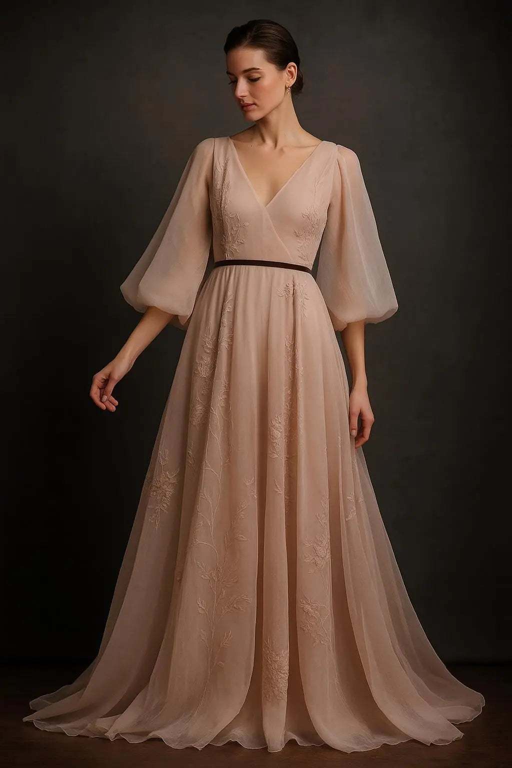 Blush Organza Meadow Gown: Ethereal Wedding Dress, Fluted Sleeves Payton Bridal
