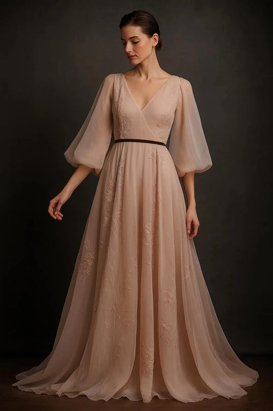 Blush Organza Meadow Gown: Ethereal Wedding Dress, Fluted Sleeves Payton Bridal