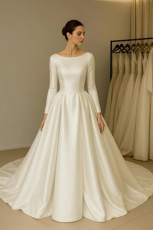 The Anastasia – Long Sleeve Satin Wedding Dress with Full Skirt Payton Bridal