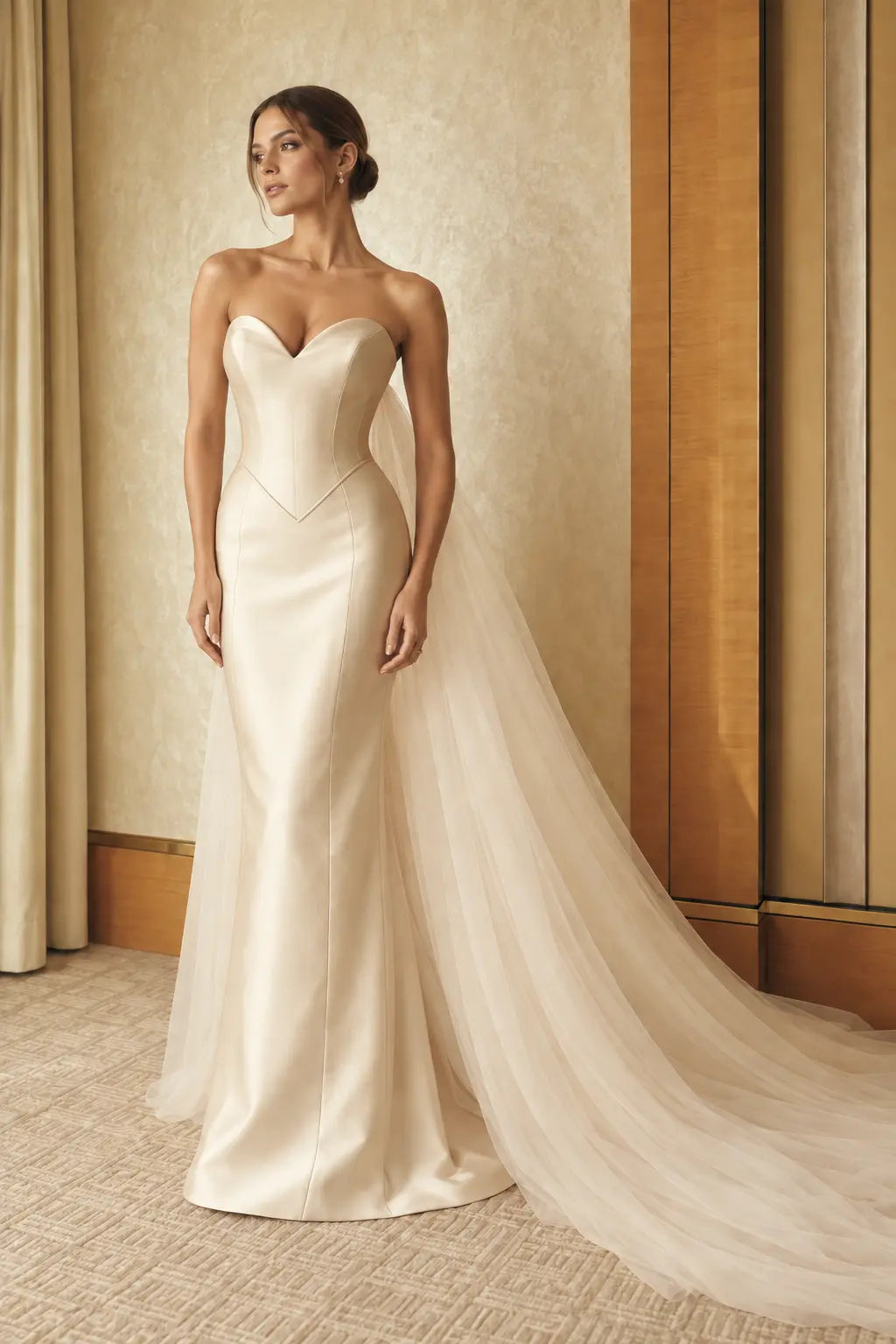The Brigitte Gown - Ivory Satin Corset Wedding Dress with Tulle Cape Payton Bridal