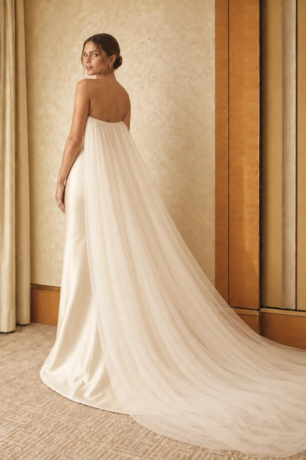 The Brigitte Gown - Ivory Satin Corset Wedding Dress with Tulle Cape Payton Bridal