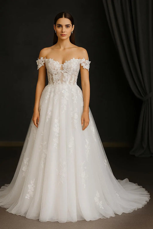 Floral Lace Wedding Gown: Ethereal Off-the-Shoulder Tulle Dress Payton Bridal