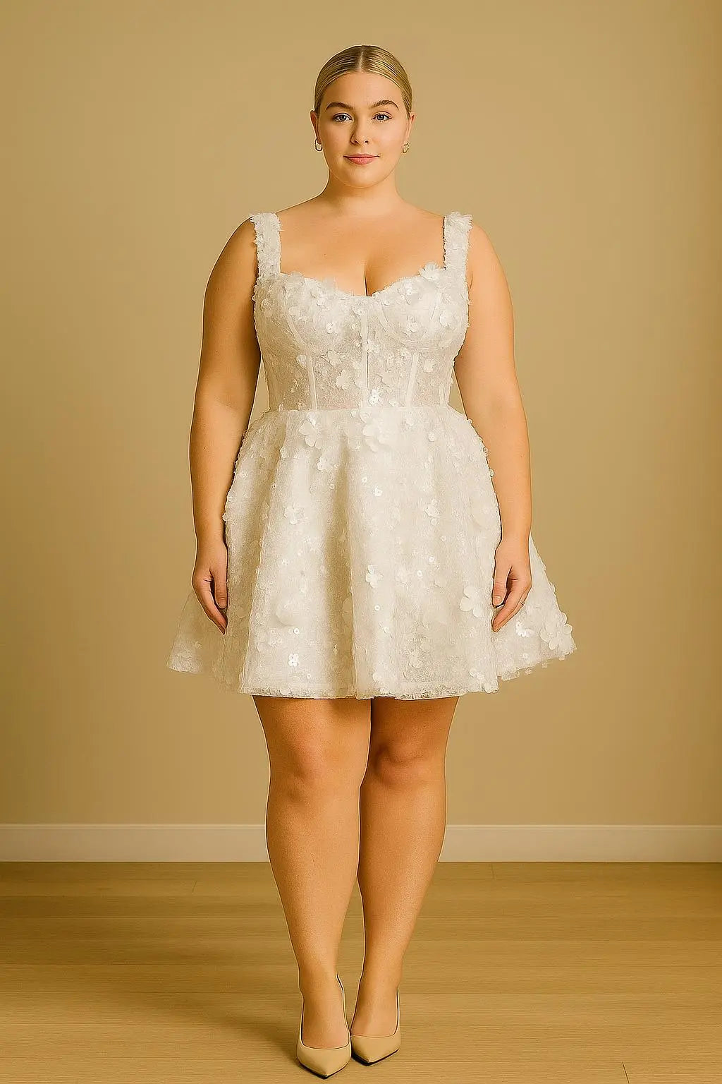 Floral Appliqué Mini Dress: Corset Bodice, Lace-Up Back Payton Bridal