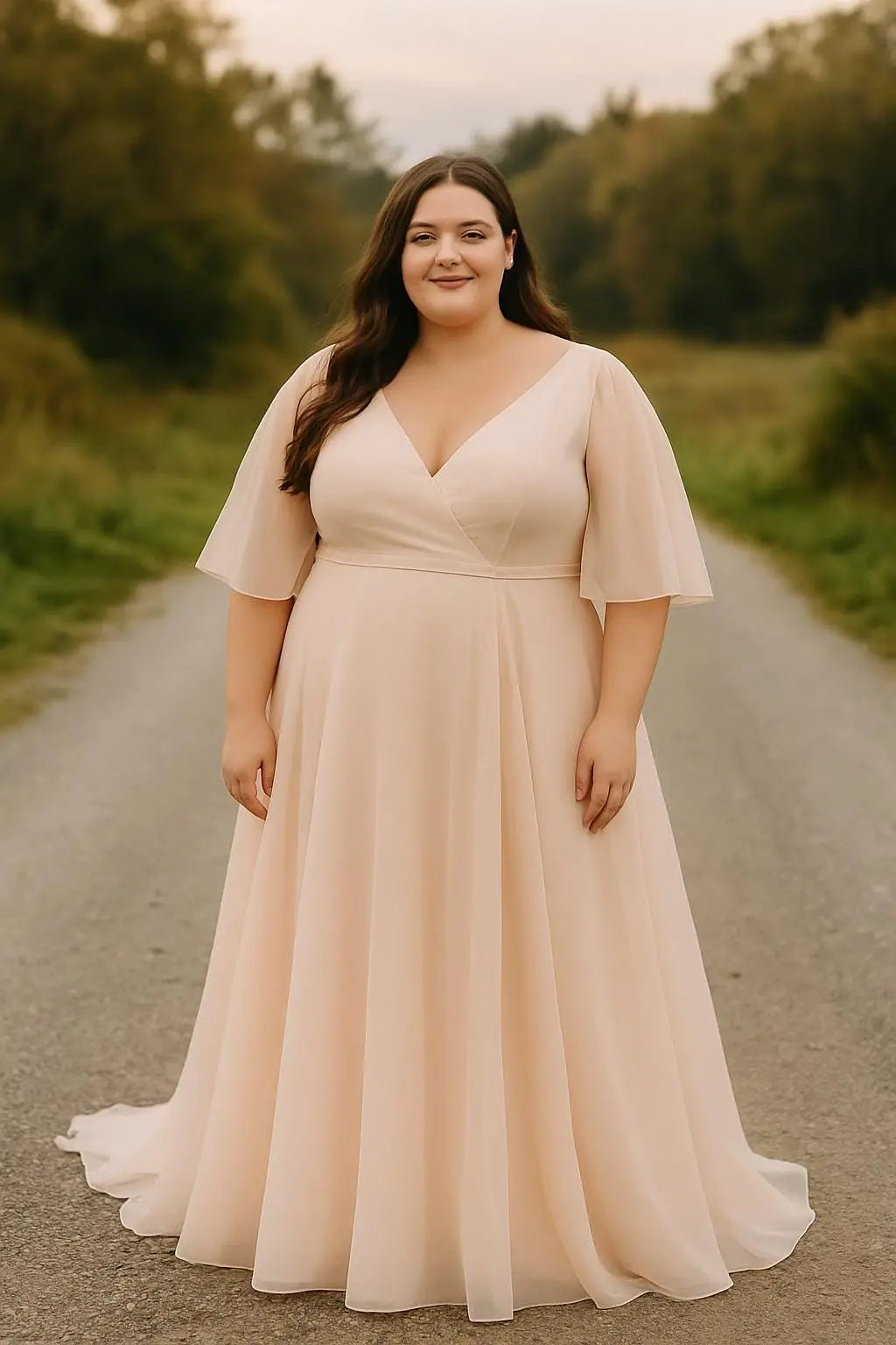 Blush Organza Meadow Gown: Ethereal Wedding Dress, Fluted Sleeves Payton Bridal