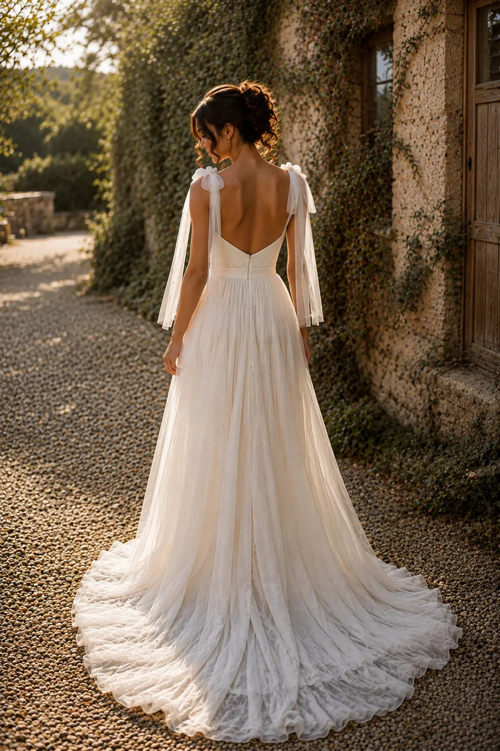 Romantic Tulle Wedding Dress with Sweetheart Bodice, Bow Shoulder Straps & A-Line Bridal Gown
