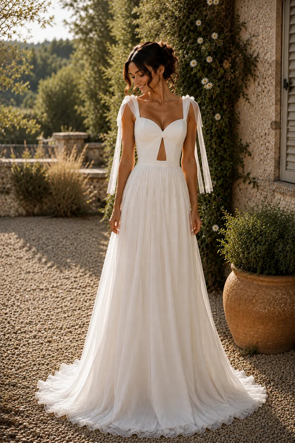 Romantic Tulle Wedding Dress with Sweetheart Bodice, Bow Shoulder Straps & A-Line Bridal Gown