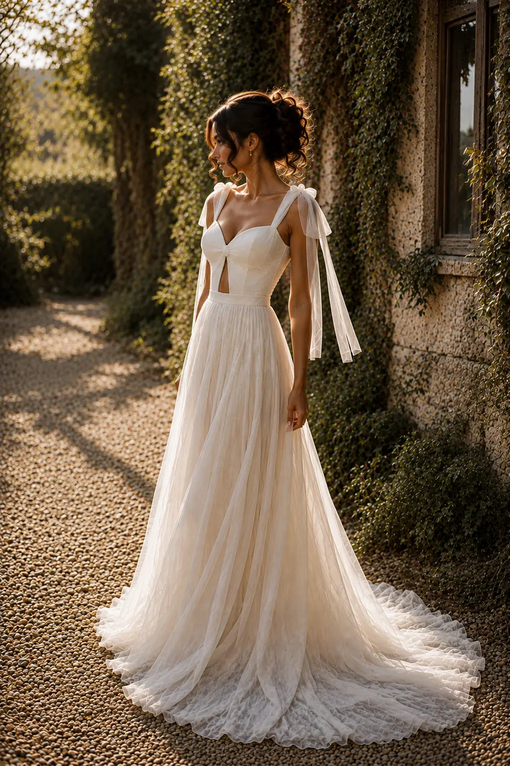 Romantic Tulle Wedding Dress with Sweetheart Bodice, Bow Shoulder Straps & A-Line Bridal Gown