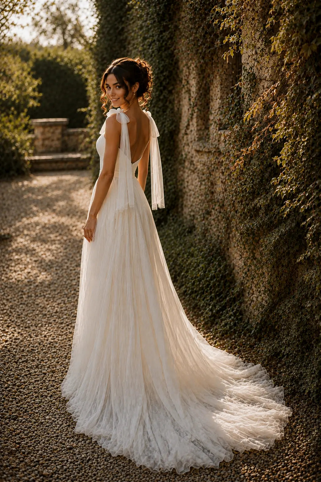 Romantic Tulle Wedding Dress with Sweetheart Bodice, Bow Shoulder Straps & A-Line Bridal Gown