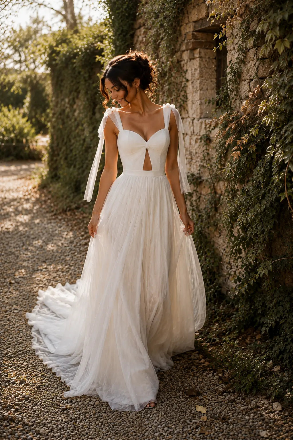 Romantic Tulle Wedding Dress with Sweetheart Bodice, Bow Shoulder Straps & A-Line Bridal Gown