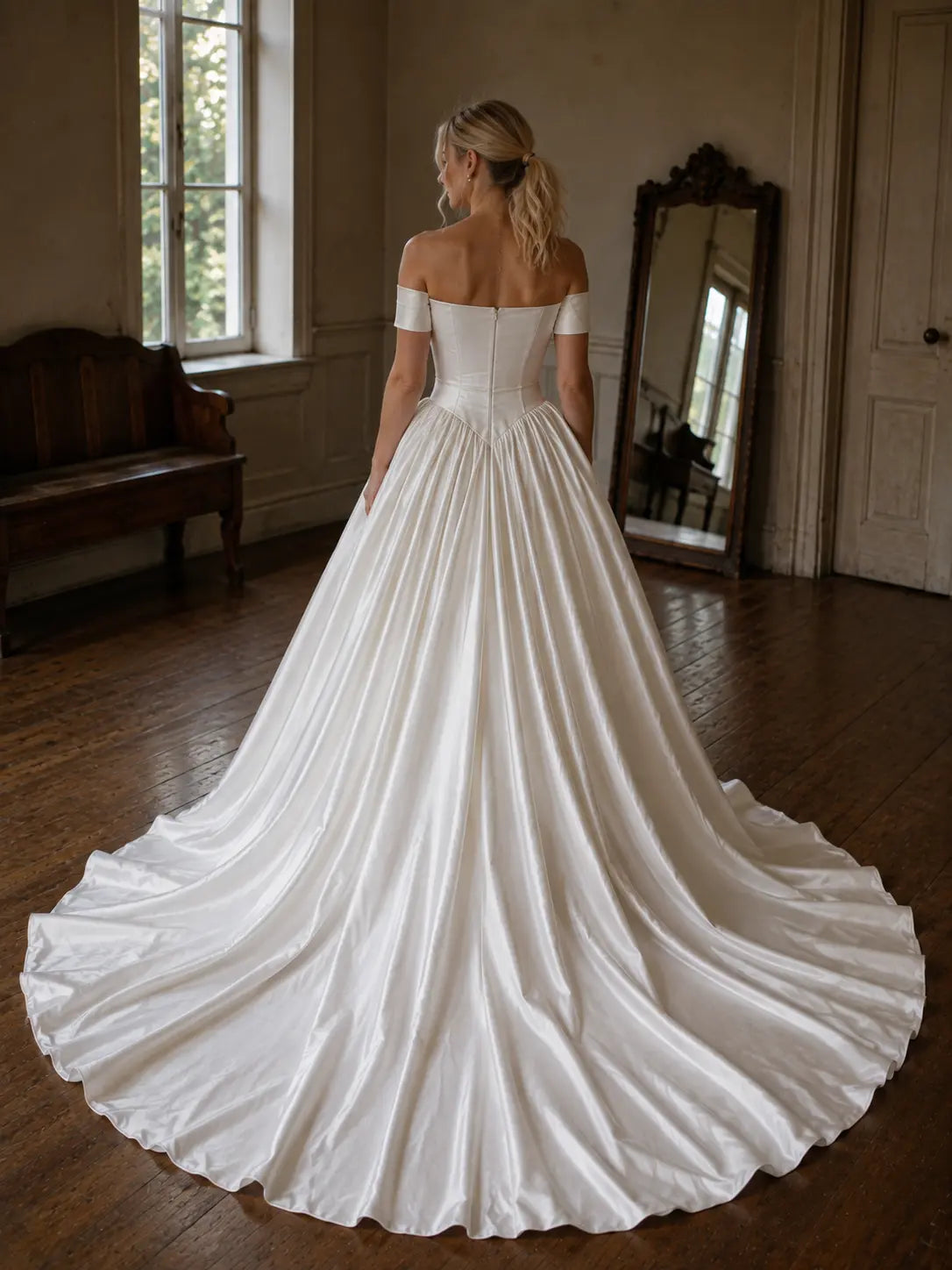 Off Shoulder Satin Wedding Dress with Corset Bodice Payton Bridal