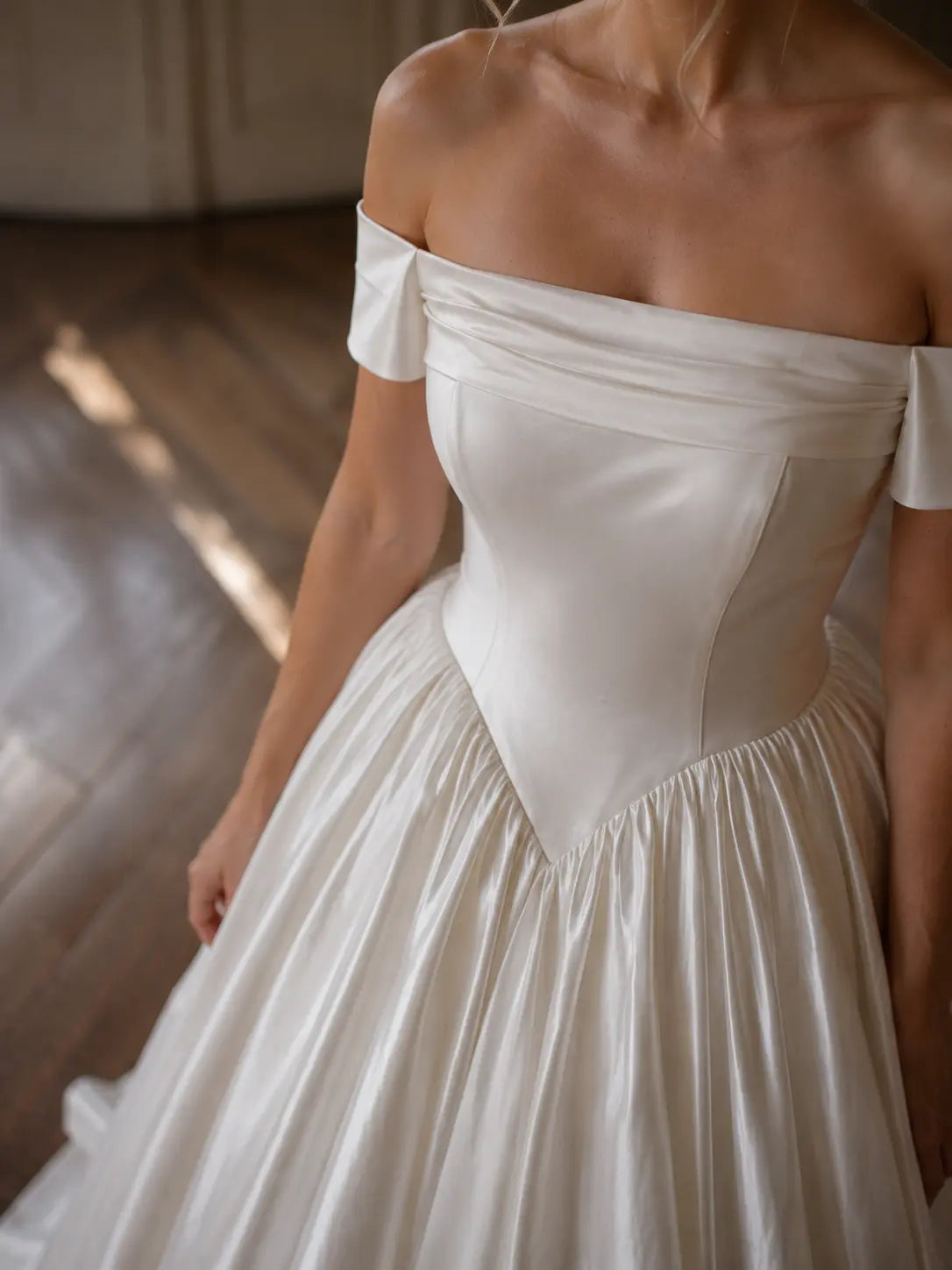 Off Shoulder Satin Wedding Dress with Corset Bodice Payton Bridal