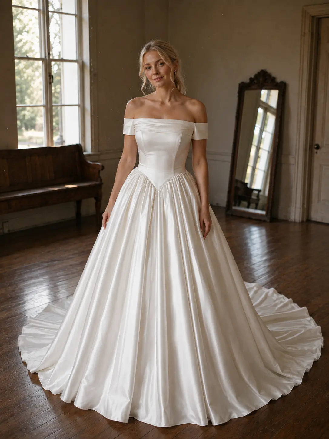 Off Shoulder Satin Wedding Dress with Corset Bodice Payton Bridal