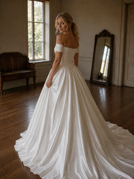 Off Shoulder Satin Wedding Dress with Corset Bodice Payton Bridal