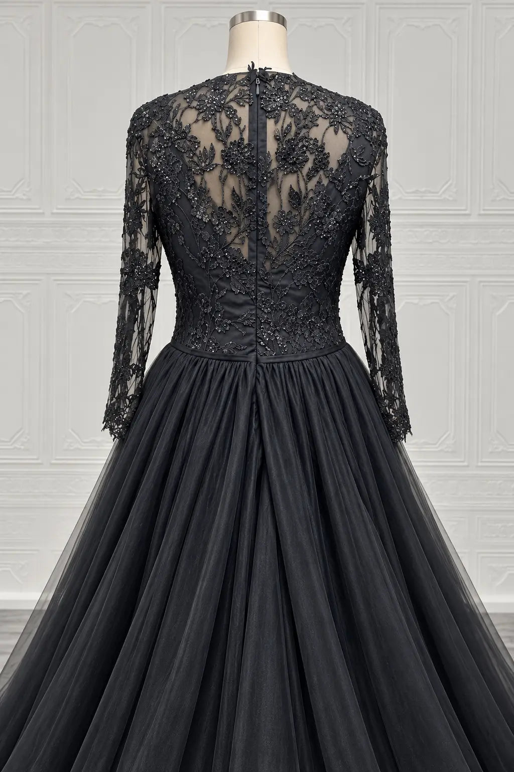 Black Floral Lace Wedding Dress with Long Sleeves Payton Bridal