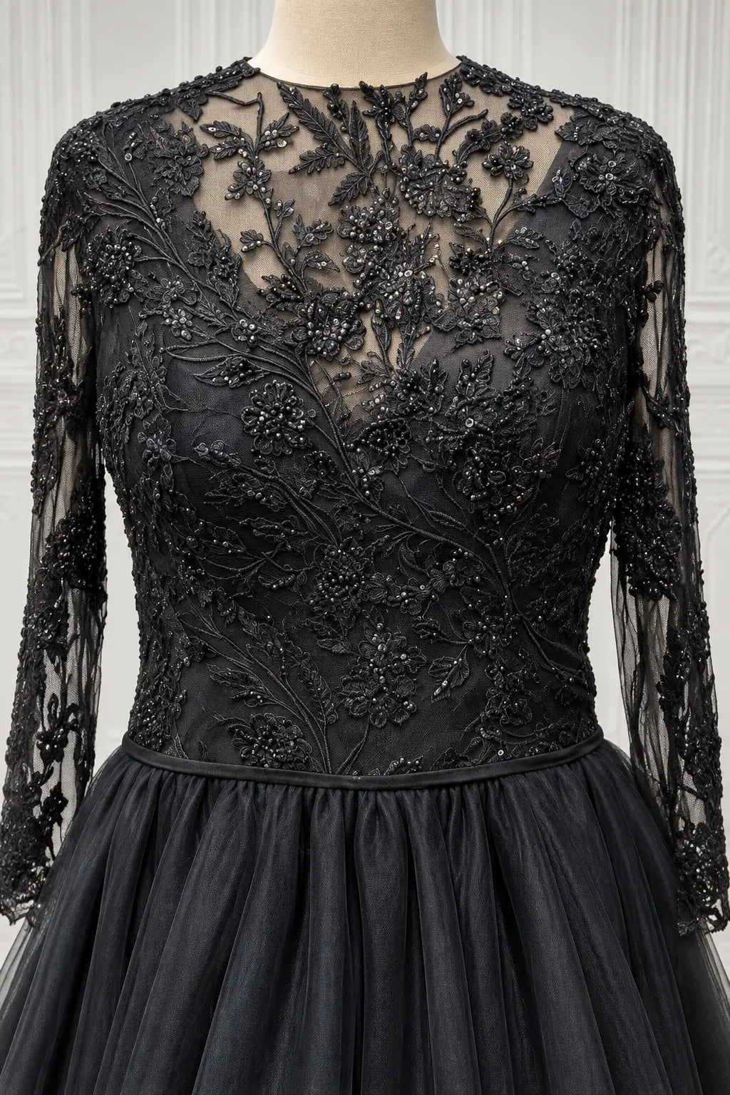 Black Floral Lace Wedding Dress with Long Sleeves Payton Bridal