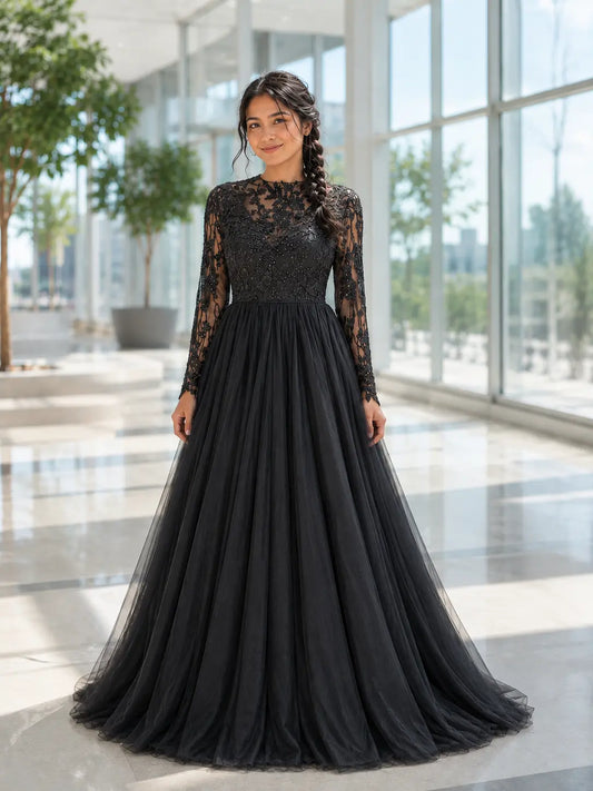 Black Floral Lace Wedding Dress with Long Sleeves Payton Bridal