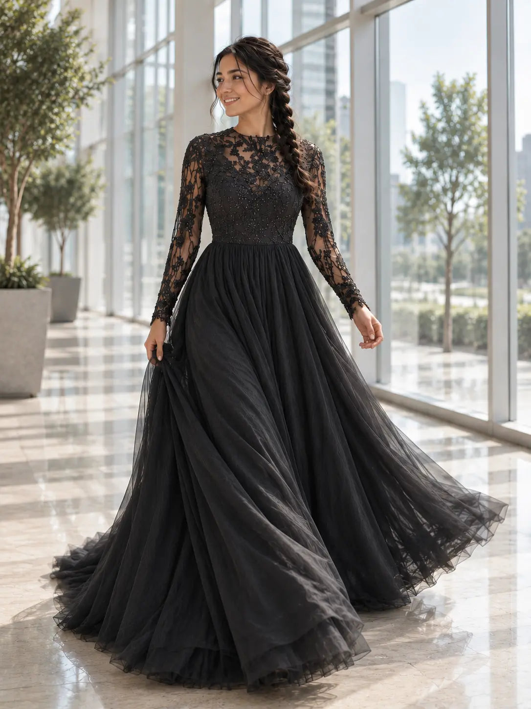 Black Floral Lace Wedding Dress with Long Sleeves Payton Bridal