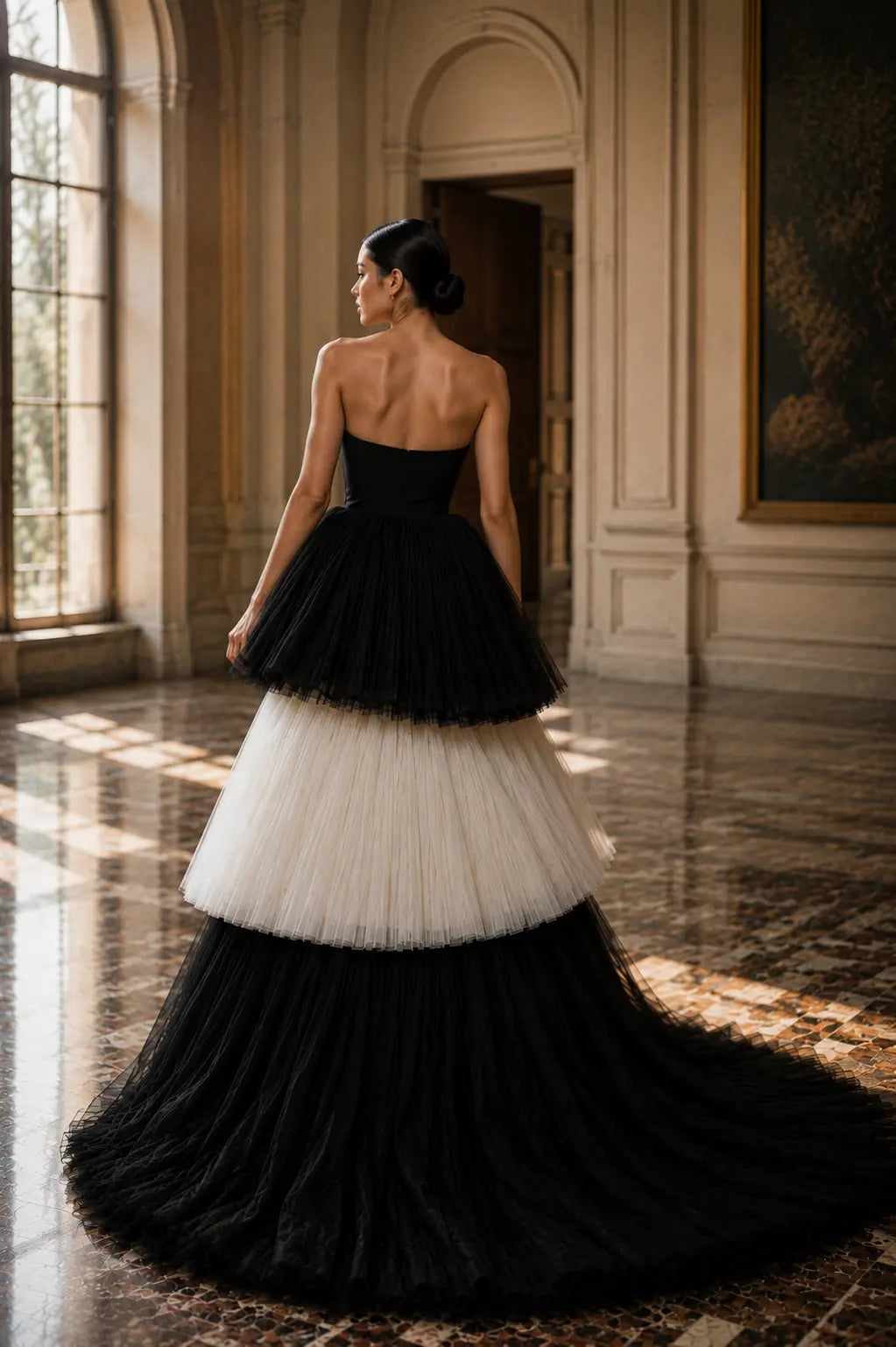 Black and Ivory Tulle Wedding Dress, Strapless Tiered Ball Gown