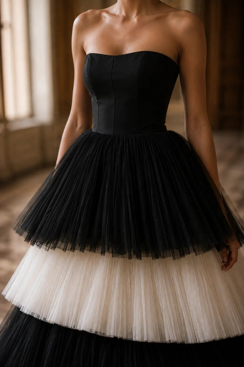 Black and Ivory Tulle Wedding Dress, Strapless Tiered Ball Gown