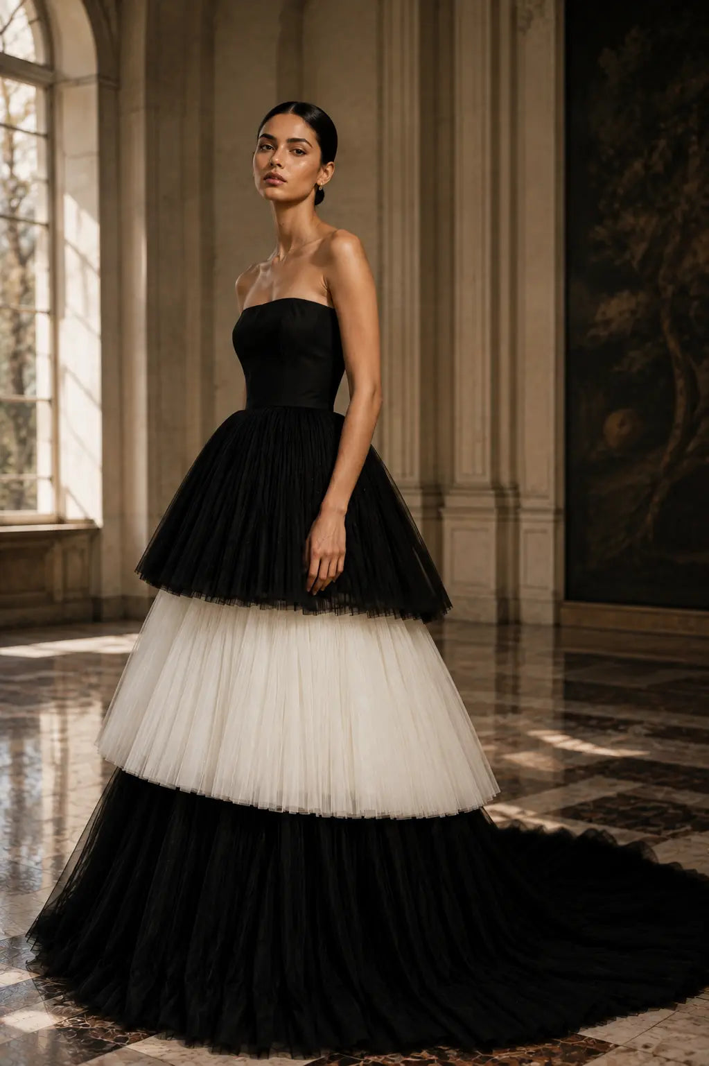 Black and Ivory Tulle Wedding Dress, Strapless Tiered Ball Gown