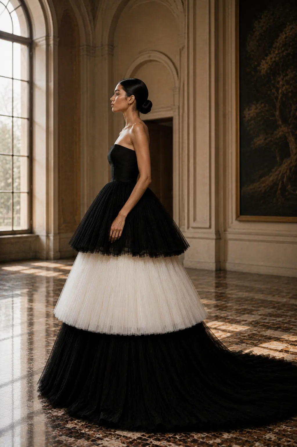 Black and Ivory Tulle Wedding Dress, Strapless Tiered Ball Gown