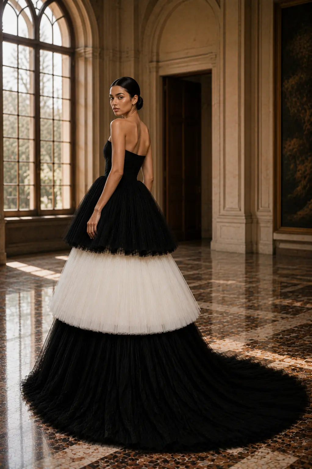 Black and Ivory Tulle Wedding Dress, Strapless Tiered Ball Gown