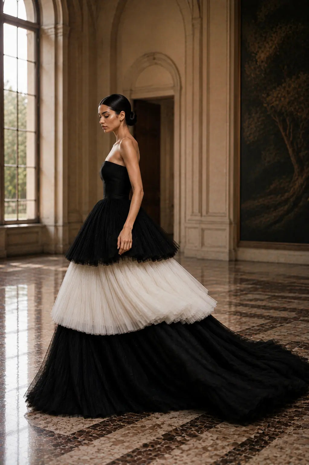 Black and Ivory Tulle Wedding Dress, Strapless Tiered Ball Gown