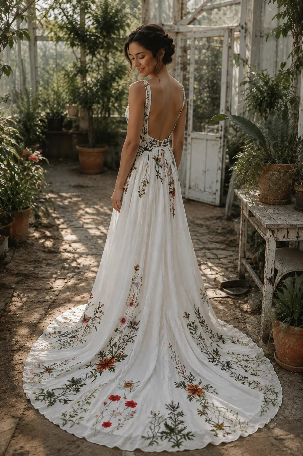 Floral Embroidered Wedding Dress with V Neckline and A Line Skirt
