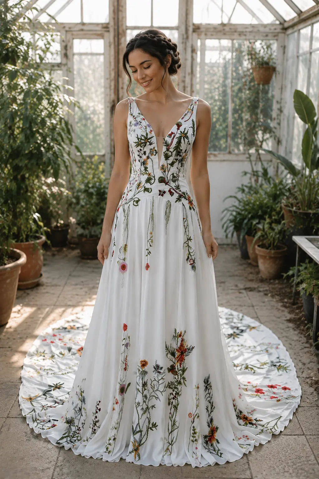 Floral Embroidered Wedding Dress with V Neckline and A Line Skirt
