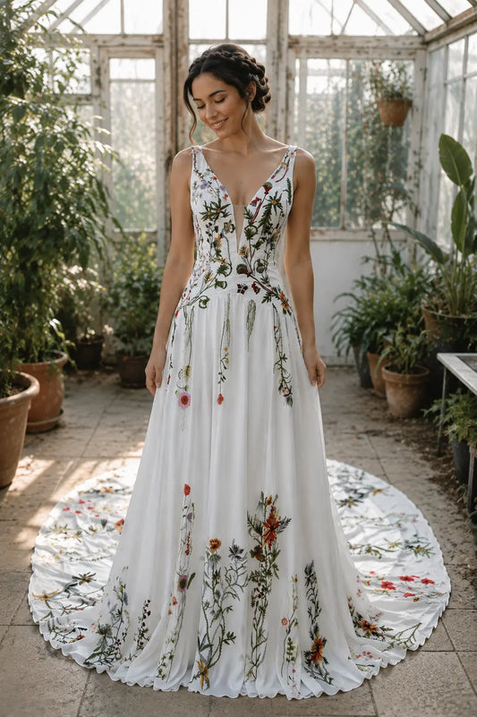 Floral Embroidered Wedding Dress with V Neckline and A Line Skirt