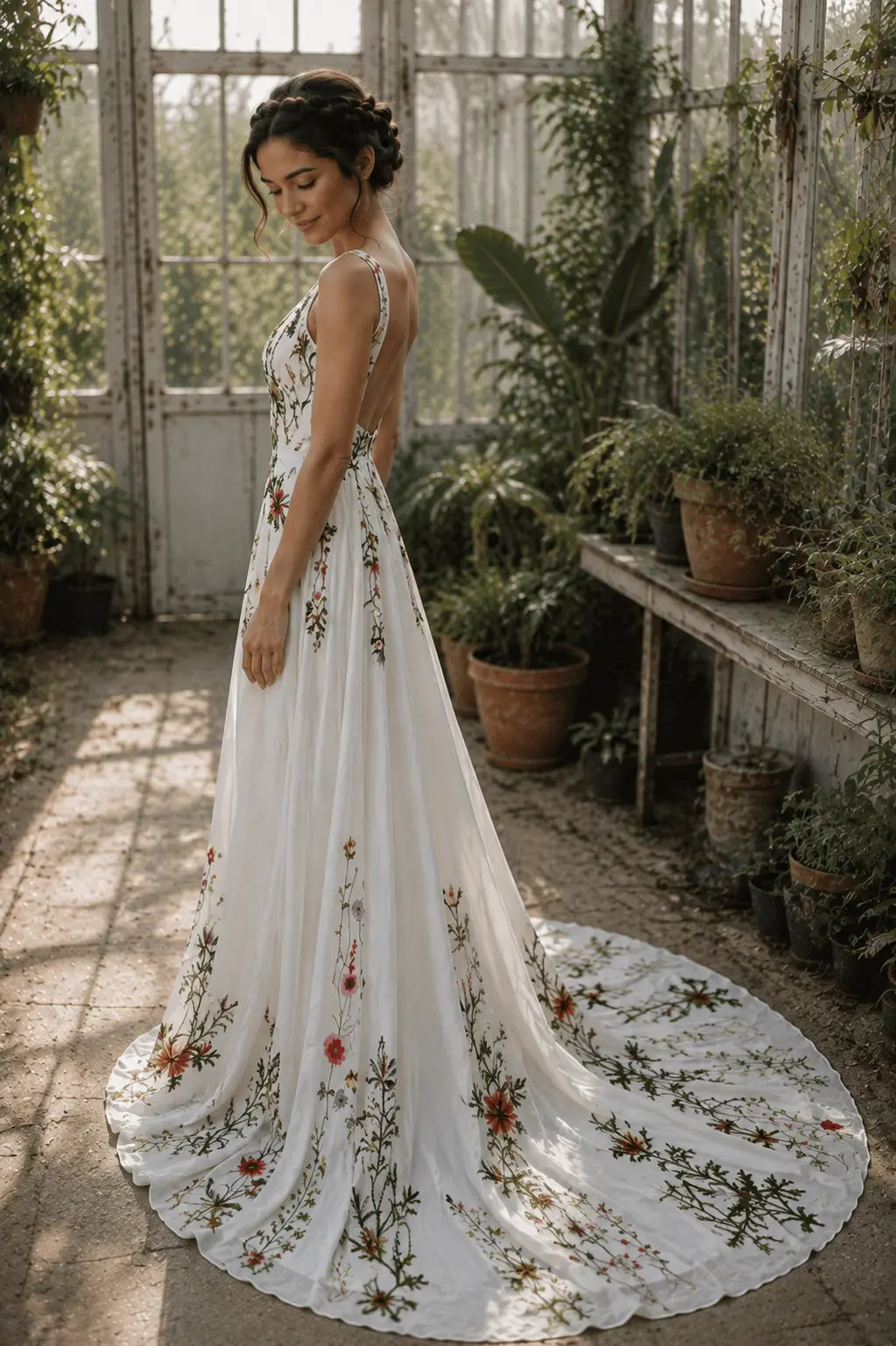 Floral Embroidered Wedding Dress with V Neckline and A Line Skirt