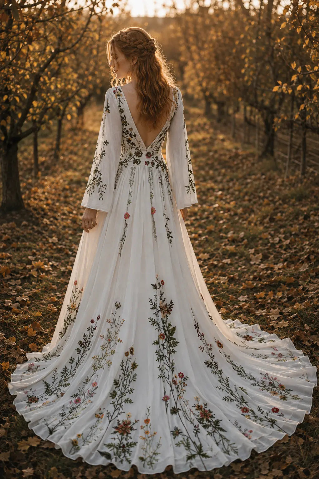 Long Sleeve Floral Embroidered Wedding Dress with Deep V Neckline Payton Bridal