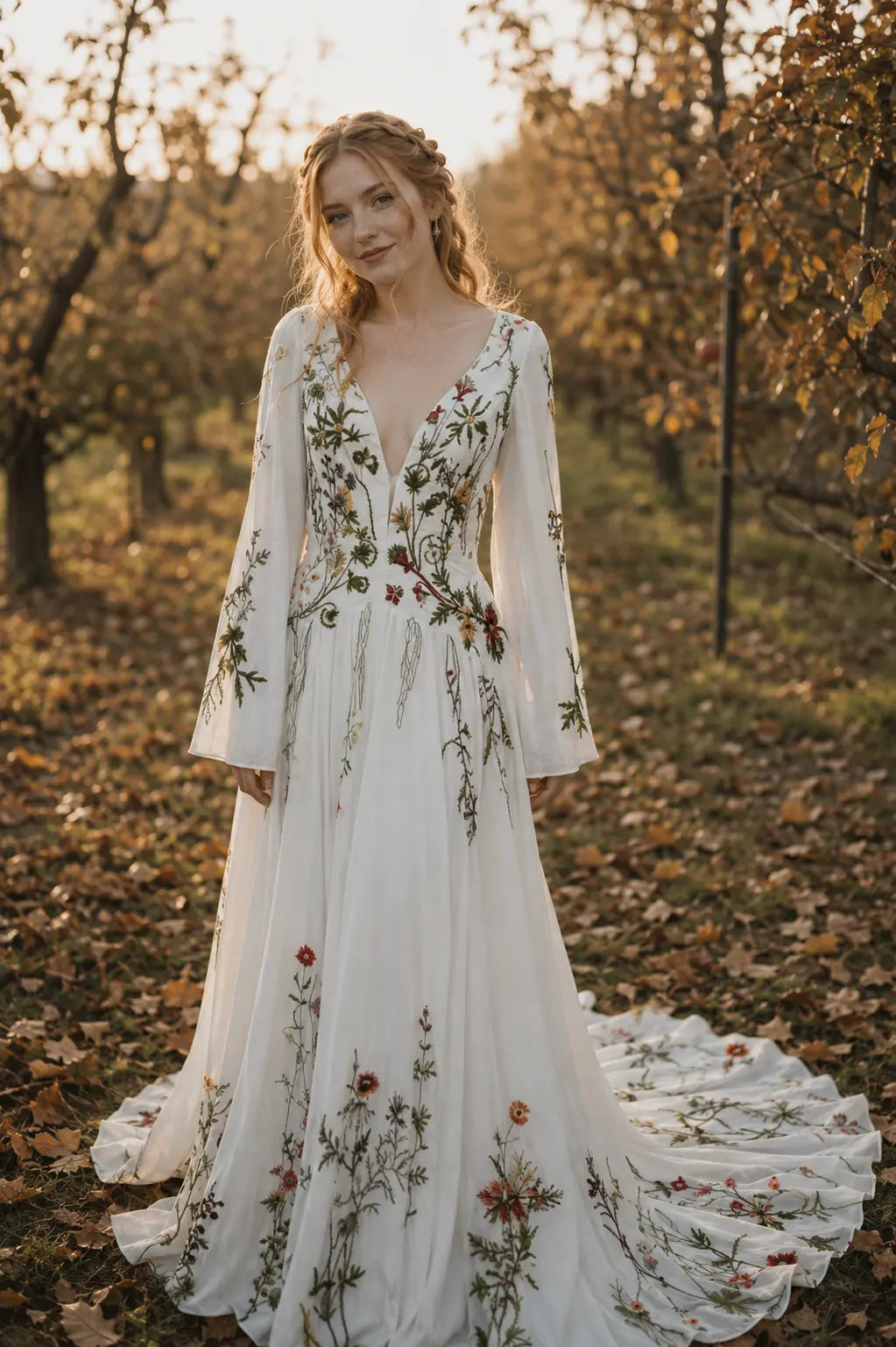 Long Sleeve Floral Embroidered Wedding Dress with Deep V Neckline Payton Bridal