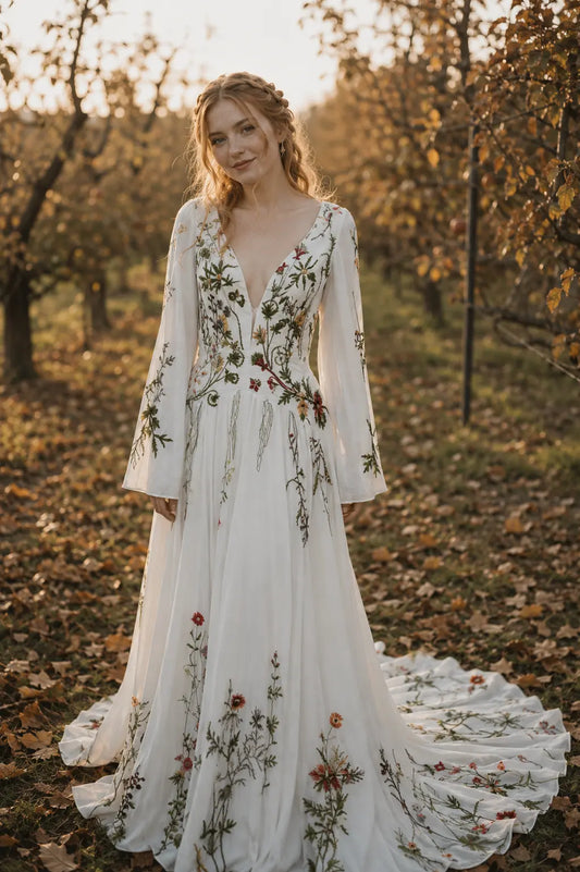 Long Sleeve Floral Embroidered Wedding Dress with Deep V Neckline Payton Bridal