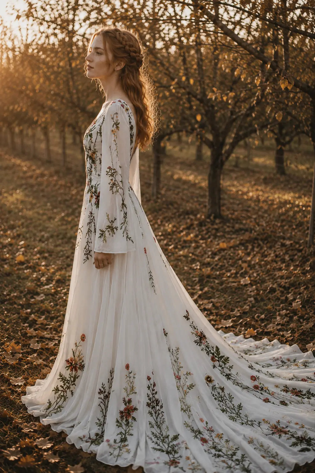 Long Sleeve Floral Embroidered Wedding Dress with Deep V Neckline Payton Bridal