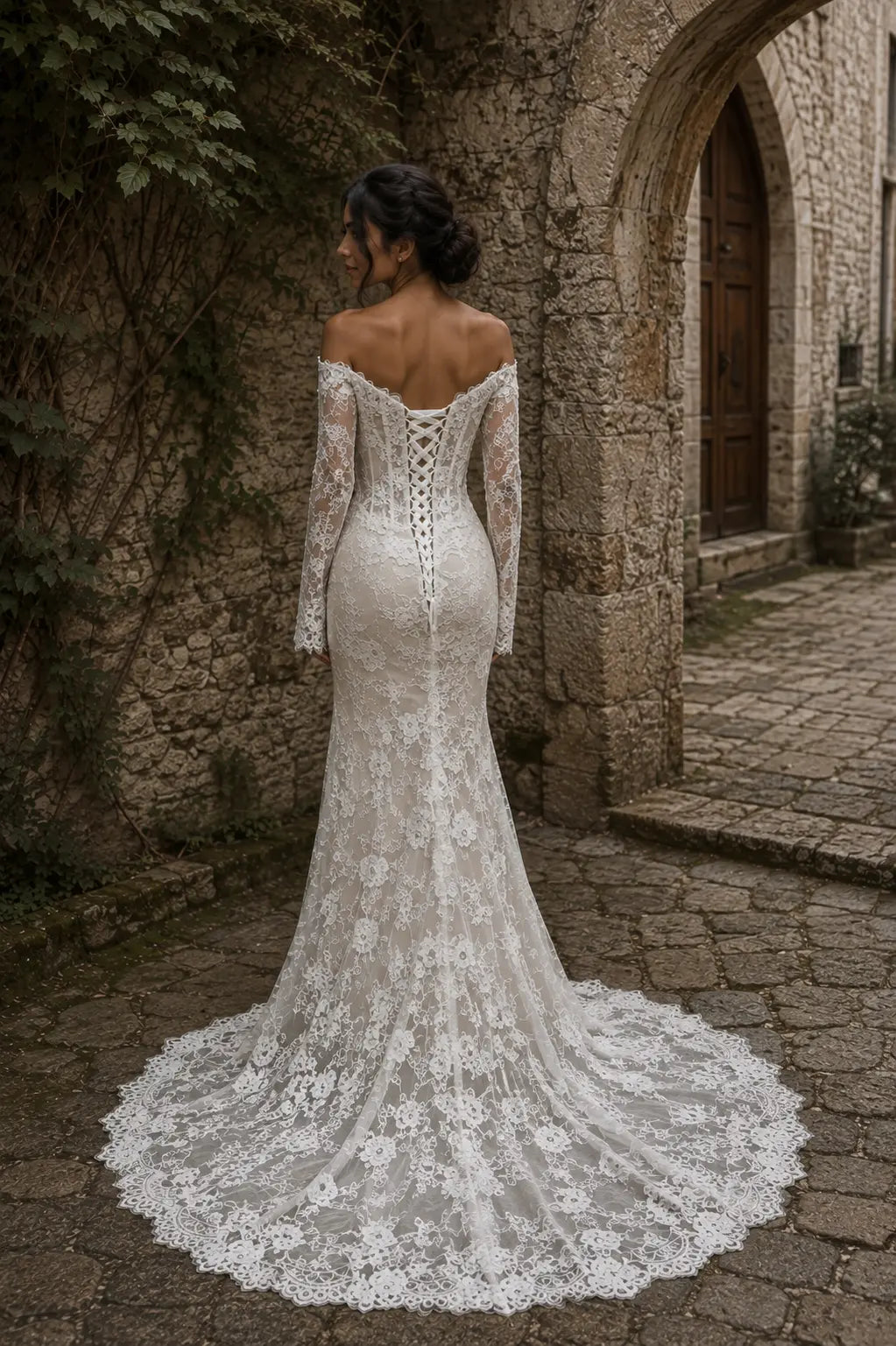 Long Sleeve Lace Mermaid Wedding Dress with Off Shoulder Neckline Payton Bridal