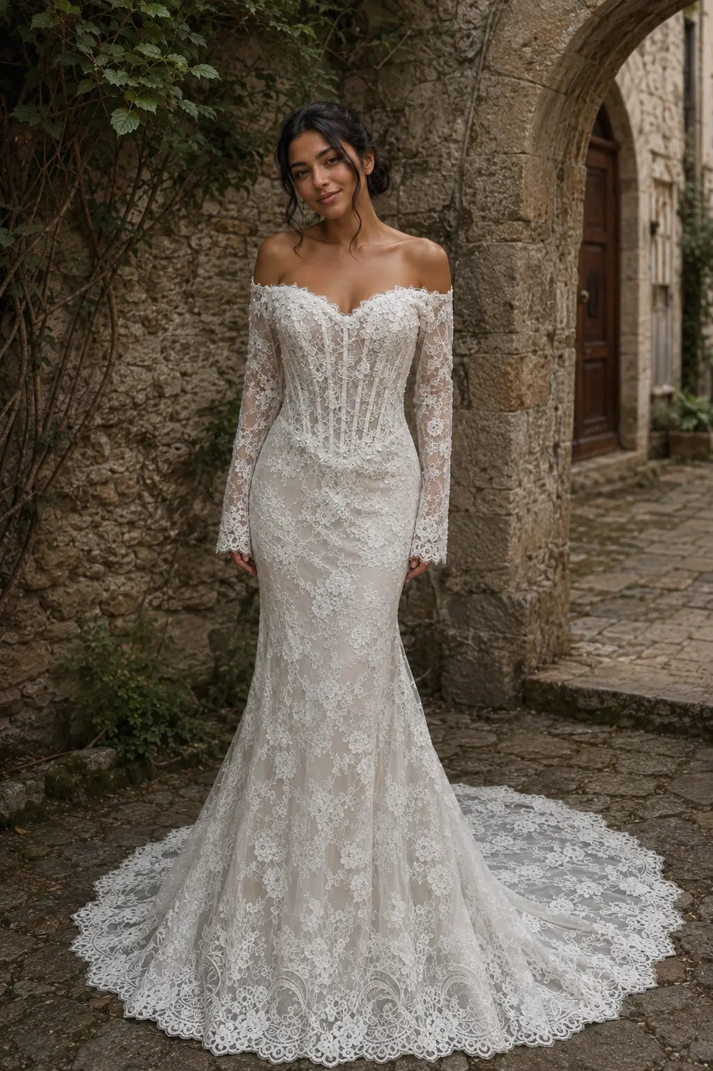 Long Sleeve Lace Mermaid Wedding Dress with Off Shoulder Neckline Payton Bridal