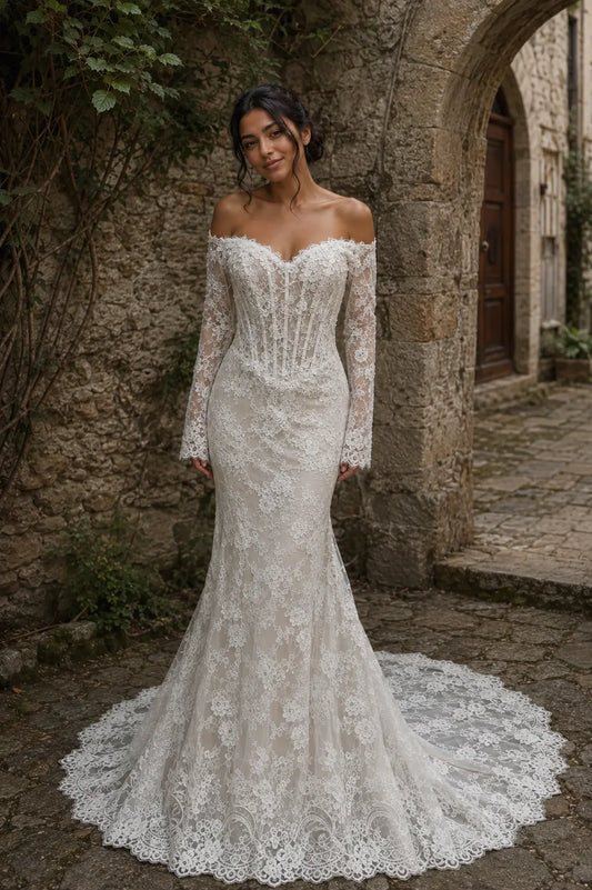 Long Sleeve Lace Mermaid Wedding Dress with Off Shoulder Neckline Payton Bridal