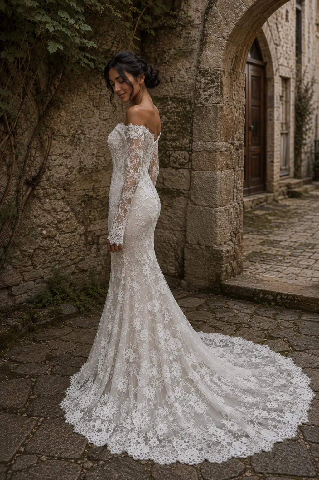 Long Sleeve Lace Mermaid Wedding Dress with Off Shoulder Neckline Payton Bridal