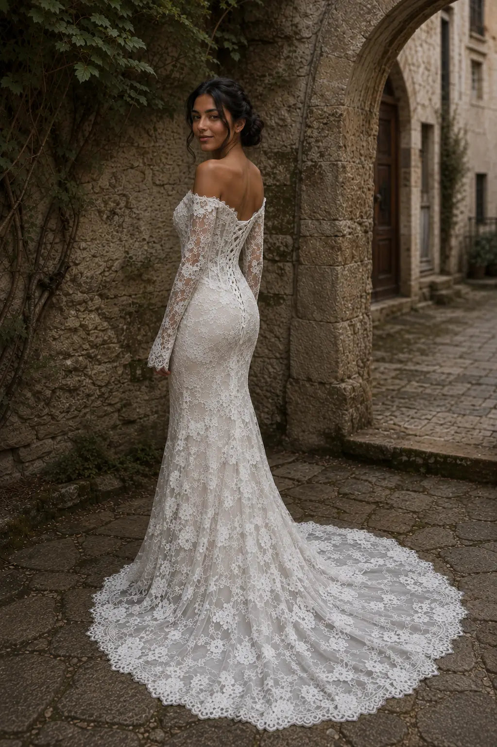 Long Sleeve Lace Mermaid Wedding Dress with Off Shoulder Neckline Payton Bridal