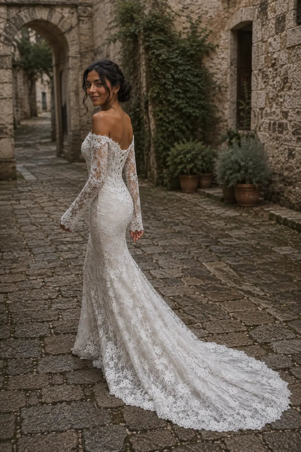 Long Sleeve Lace Mermaid Wedding Dress with Off Shoulder Neckline Payton Bridal