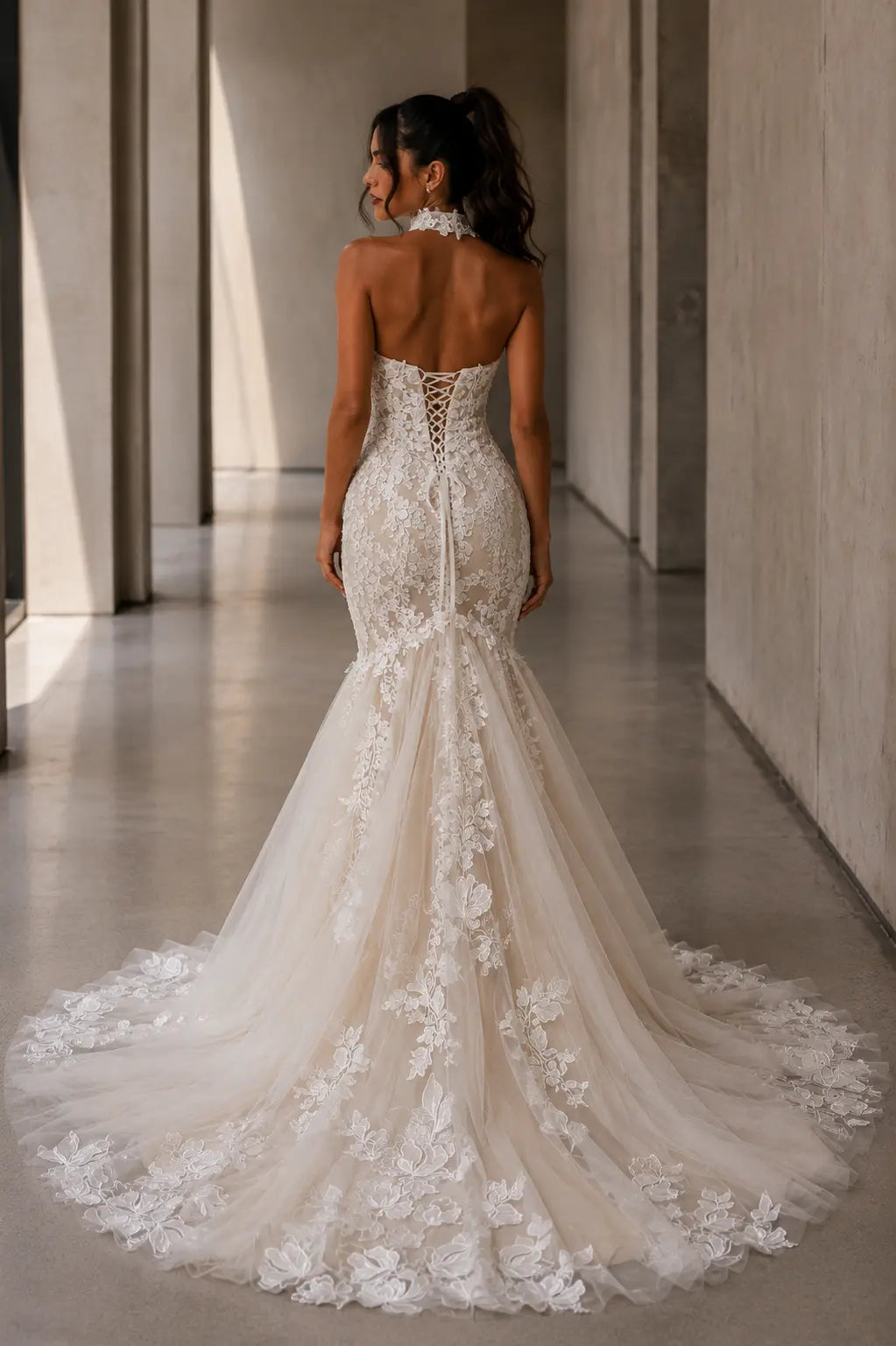 Floral Lace Halter Wedding Dress with Corset Back Payton Bridal