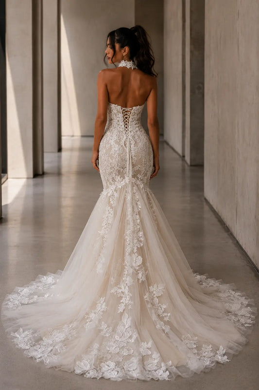 Floral Lace Halter Wedding Dress with Corset Back Payton Bridal