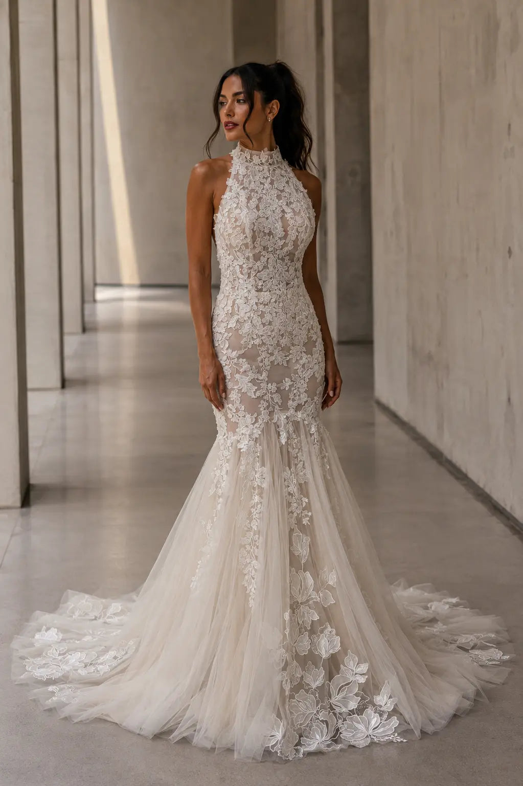 Floral Lace Halter Wedding Dress with Corset Back Payton Bridal