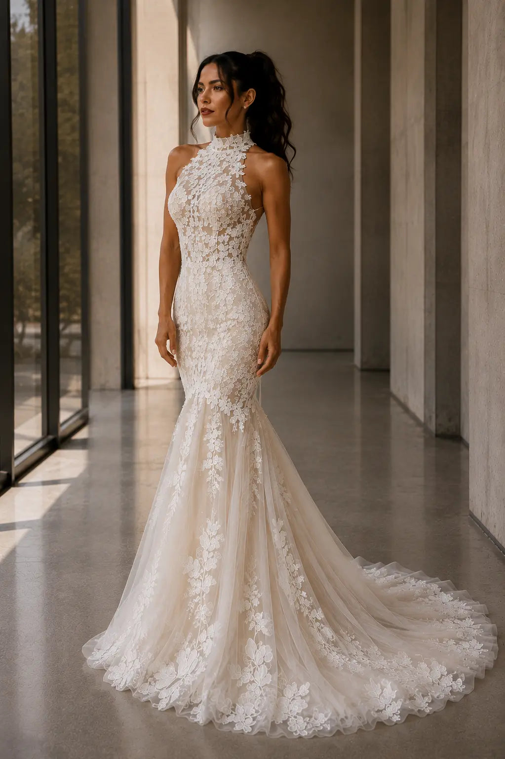 Floral Lace Halter Wedding Dress with Corset Back Payton Bridal
