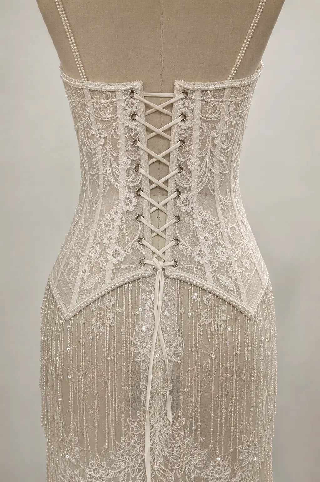 Pearl Beaded Lace Corset Wedding Dress with Spaghetti Straps Payton Bridal