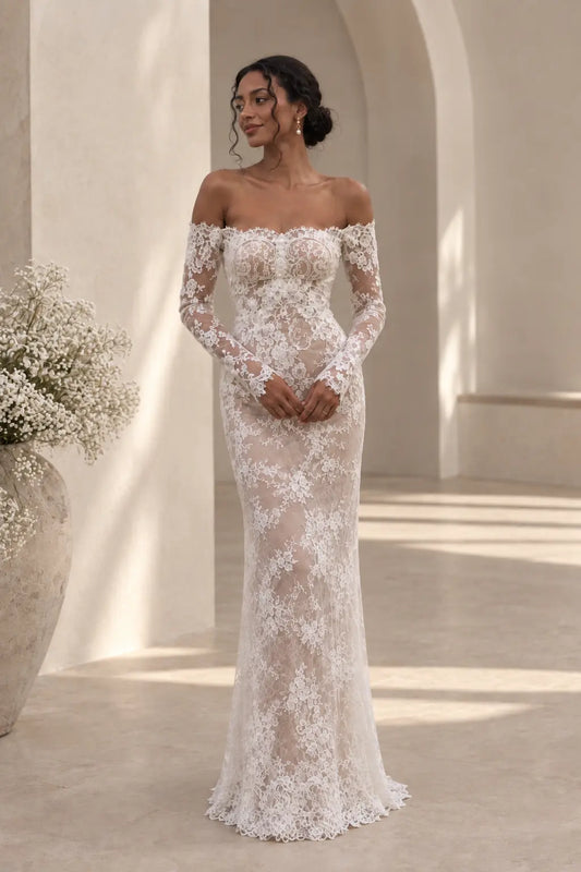 Off Shoulder Floral Lace Wedding Dress with Long Sleeves Payton Bridal
