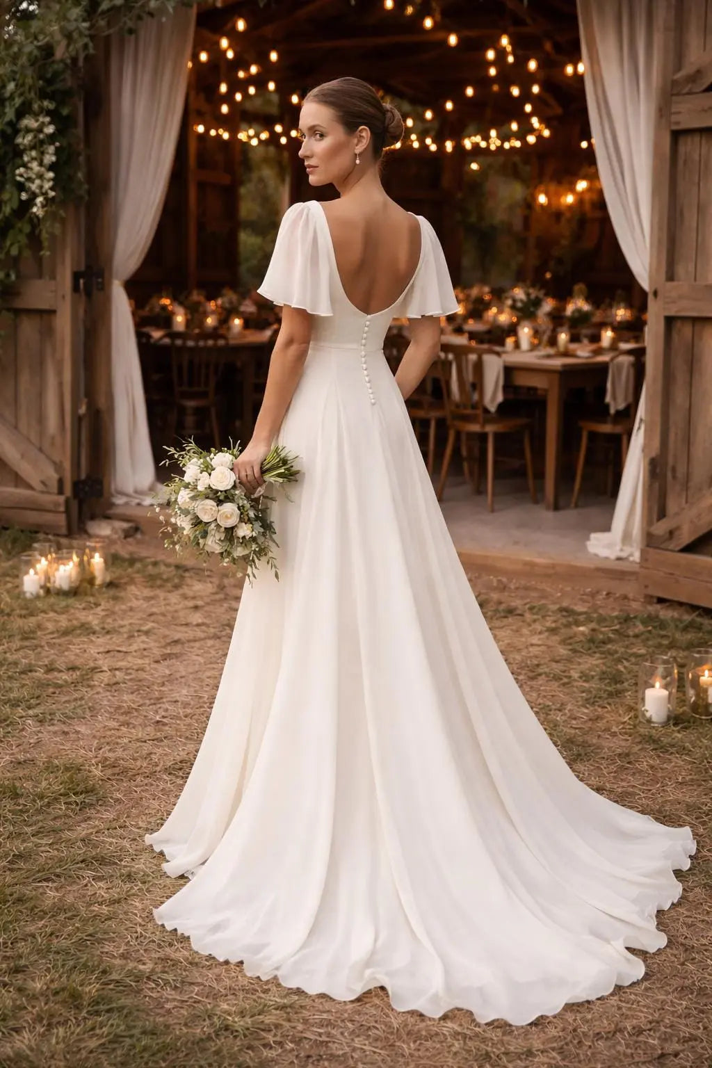 Elegant Flutter Sleeves Wedding Dress